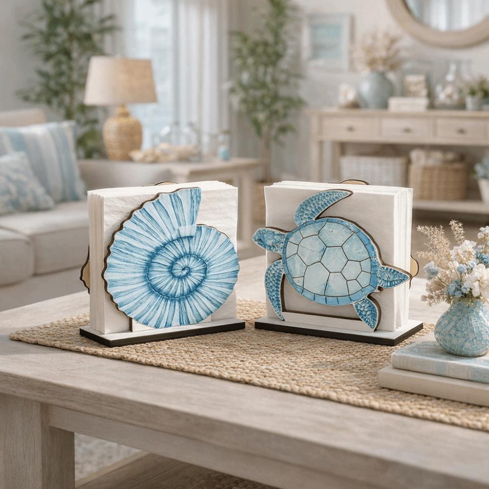 Summer Ocean Ocean Theme Wooden Napkin Holder Fish Shaped Decorative Desktop Ornament Large Capacity Tissue Holder Outdoor Use