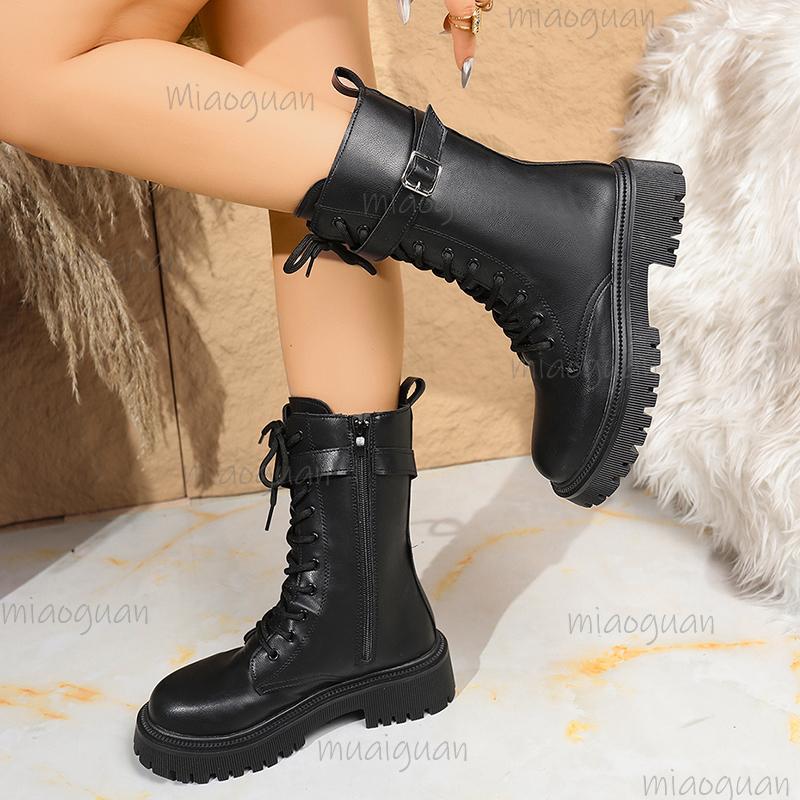 Γυναικείες Μαύρες Μποτίνια Mid Calf από PU Δέρμα με Λουράκι με Αγκράφα Πλατφόρμα Κοντές Μπότες Γυναικείες Παχιά Σόλα Αντιολισθητικά Παπούτσια Μοτοσυκλέτας