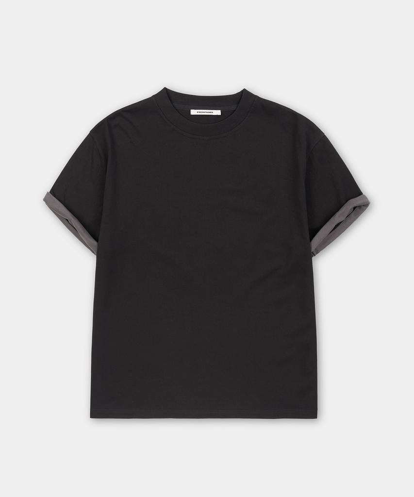EXCONTAINER Sleeve Layered Crop Half T-Shirt (Black)