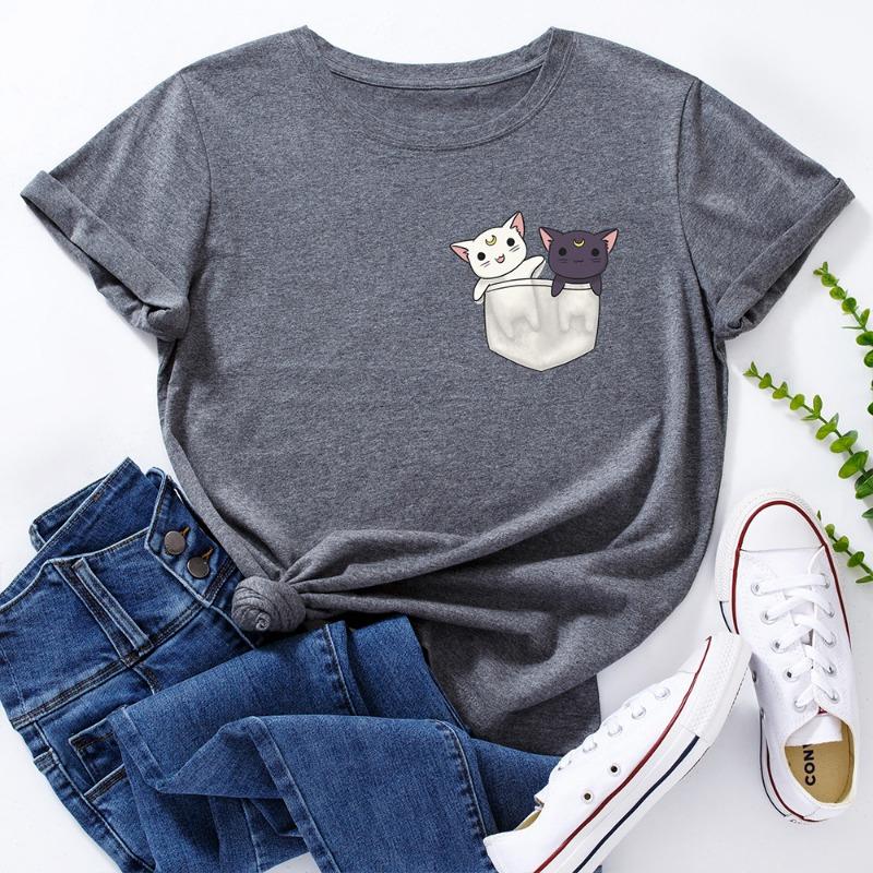 Summer Women's Cute Cat Print Loose Round Neck Pure Cotton Short Sleeved T-Shirts Women’s