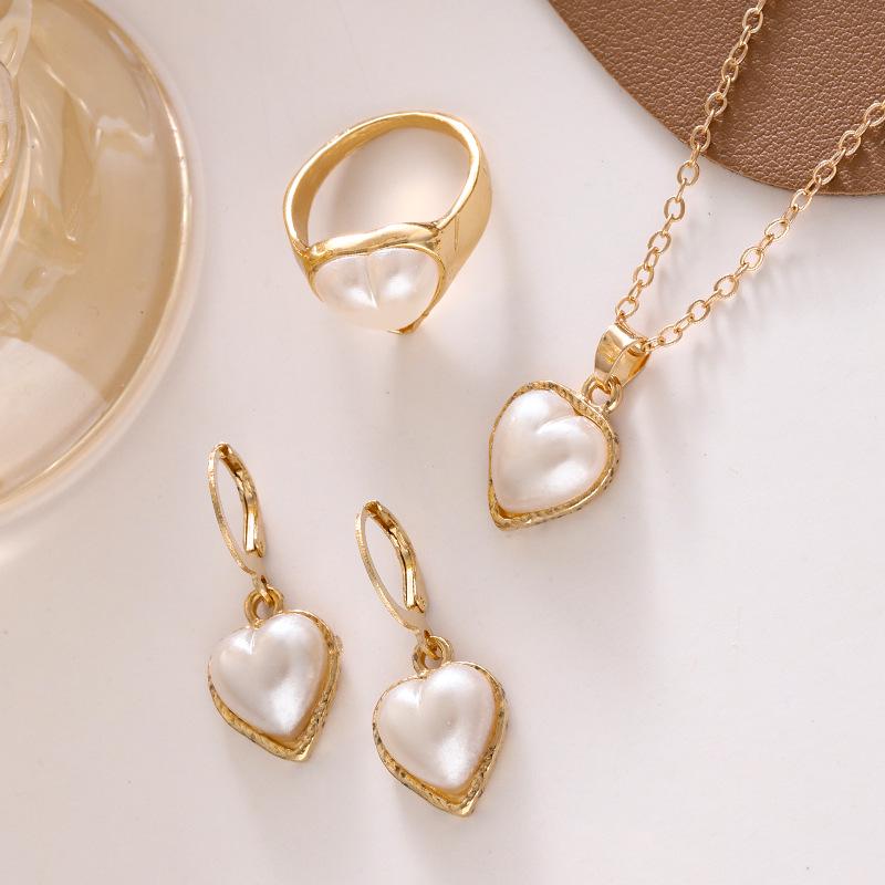 Elegant Pearl Heart Necklace, Earrings, and Ring Set – French-Inspired Jewelry Trio