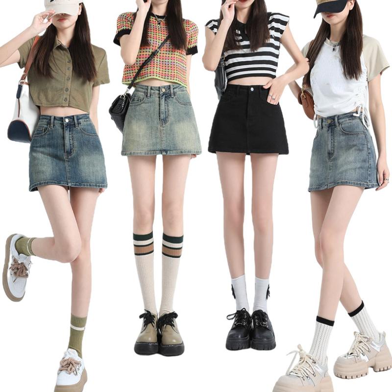 Mini-jupe en jean rétro pour femmes, été, taille haute, amincissante, anti-éblouissement, coupe A, enveloppante.