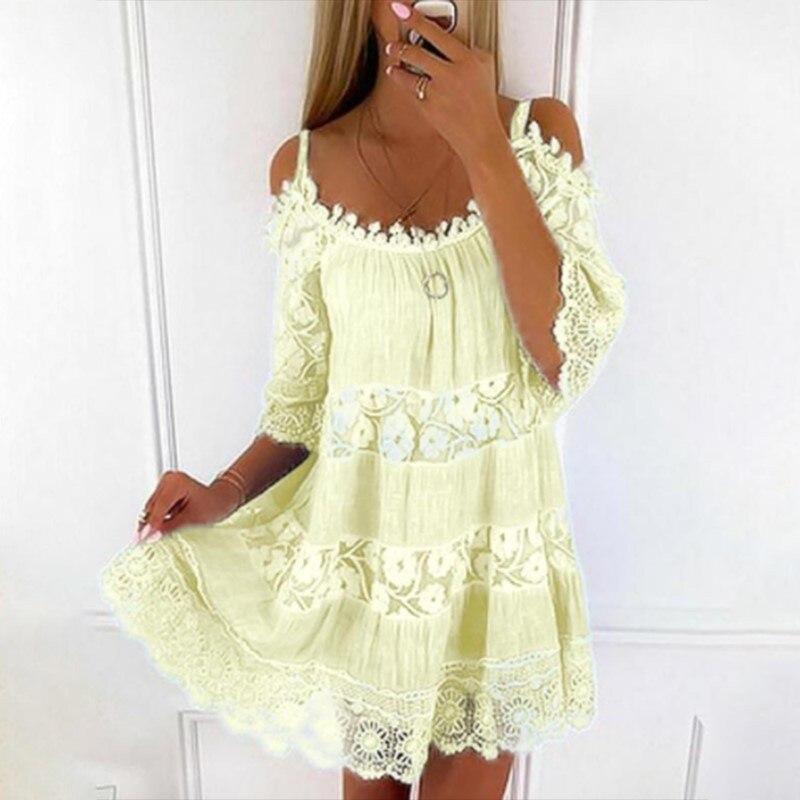 Lässiges, lockeres, süßes Sommerkleid mit kurzen Ärmeln, sexy, schulterfreies Leibchen, Spitzenkleid, einfarbig, O-Ausschnitt, kurze Minikleider 26249