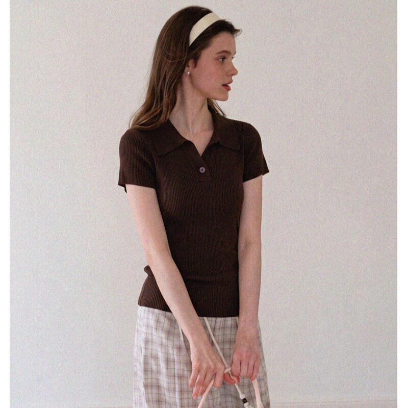 Short Sleeve Polo Neck Knitted Sweater Women's Summer French Design Sense Slim Skinny Lapel Top