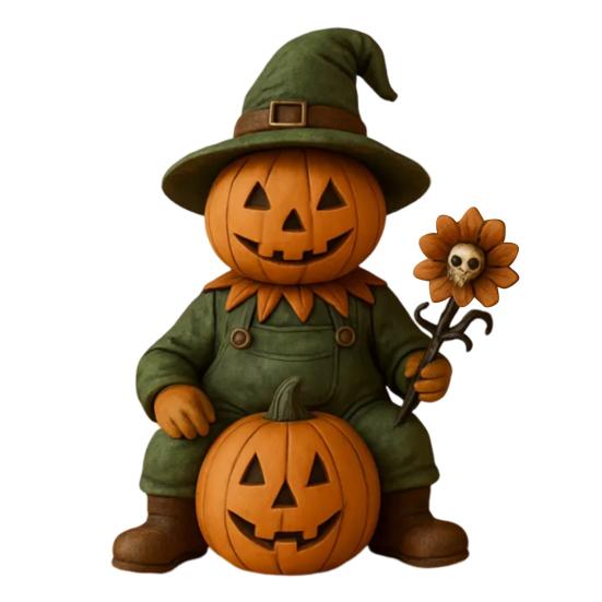 Pumpkin Man Figurine Scary Halloween Pumpkin Head Scarecrow Statue with Skull Sunflower Mini Desktop Ornament for Indoor Tabletop Mantel Bookshelf