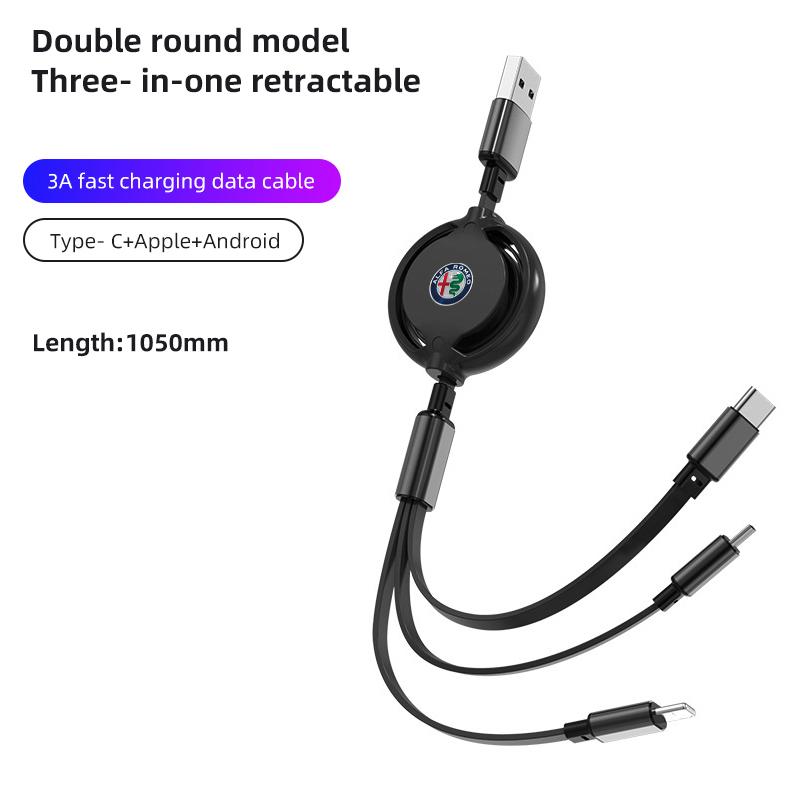 USB Type-C Fast Charging Cable 3in1 Telescopic Charger For Alfa Romeo 159 Giulietta 156 147 Giulia Mito GT Stelvio Spider Khg156