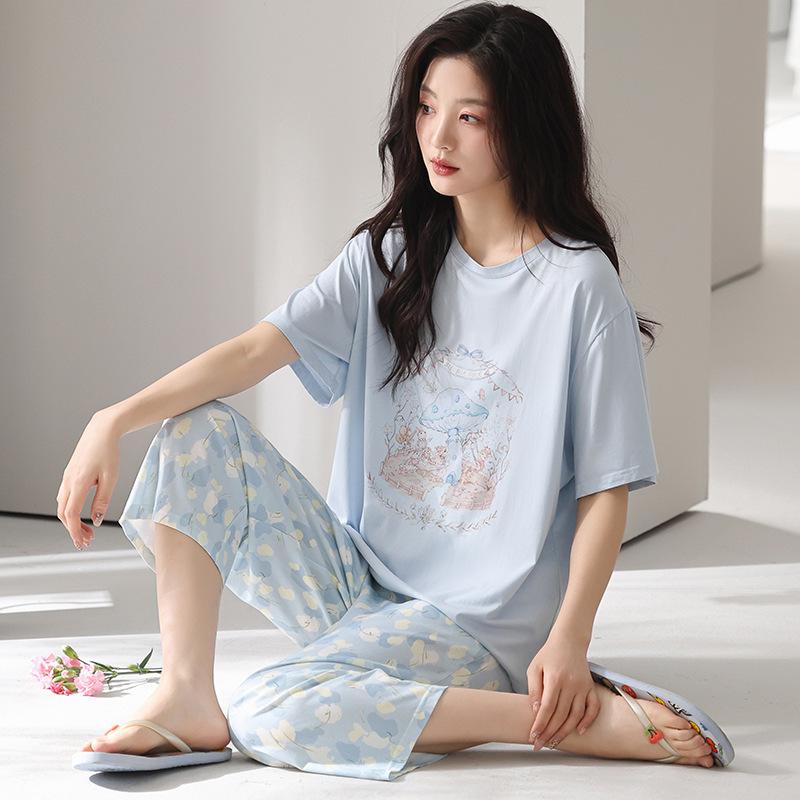 Modal Women's Pajamas Summer Light Blue Short-sleeved Cropped Pants 1011 New Models Can Be Worn Outside Cool Loungewear Set