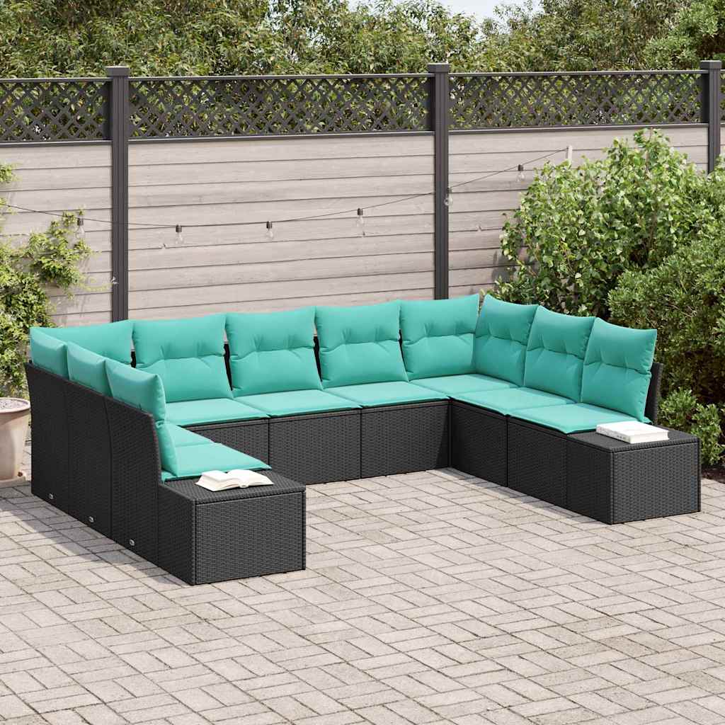 Garden Sofa Set with Cushions 9 Pcs Black Poly Rattan