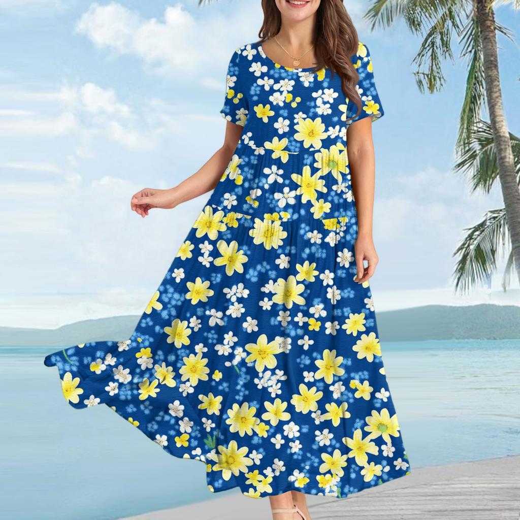 Women Casual Loose Fit Bohemian Floral Print Short Sleeve Maxi Dress Lightweight Comfortable Summer Dress for Daily Wear