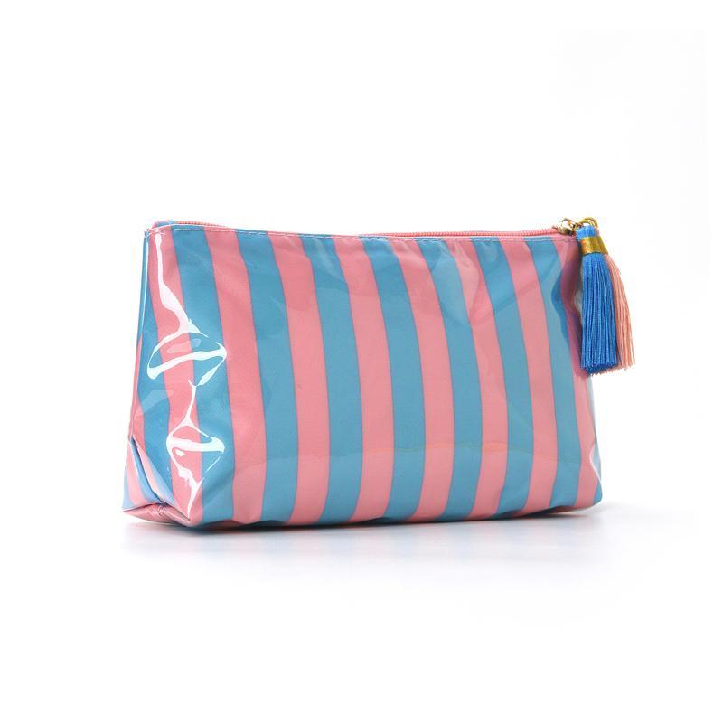 Pvc Striped Cosmetic Bag Makeup Bag With Fringe And Zipper Waterproof Travel Toiletry Bag Makeup Brush Case