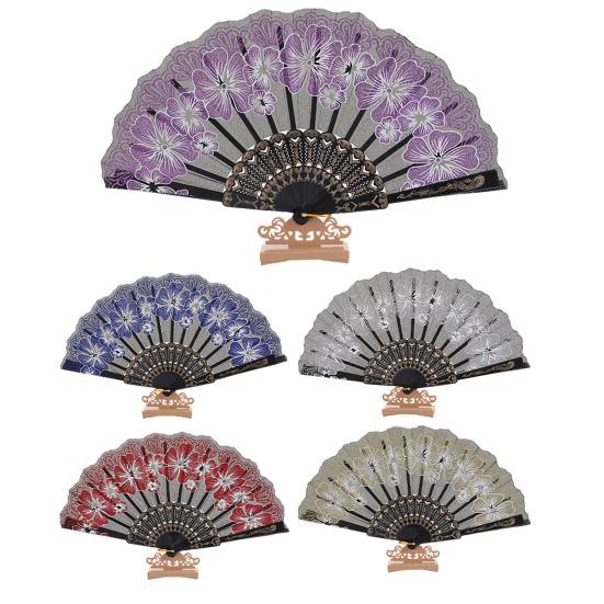 Floral Print Folding Fan Chinese Style Plastic Ribs Hand Held Fan Portable Summer Cooling Fan Dance Performance Party