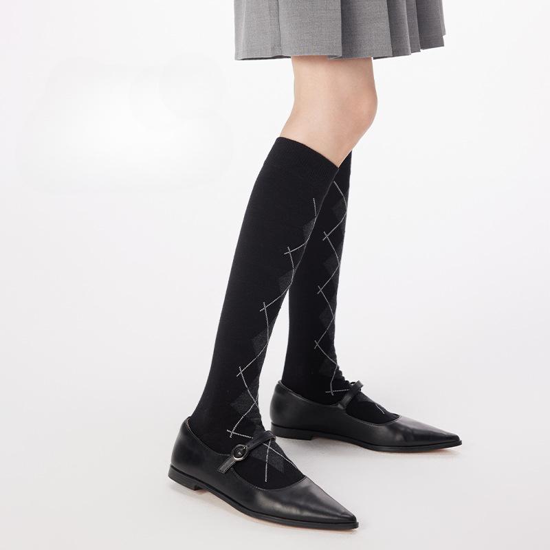 Fall/Winter Rhombic High Socks Jacquard Stockings Cotton Socks College Wind Girls Pile Socks Gray JK Retro Calf Socks