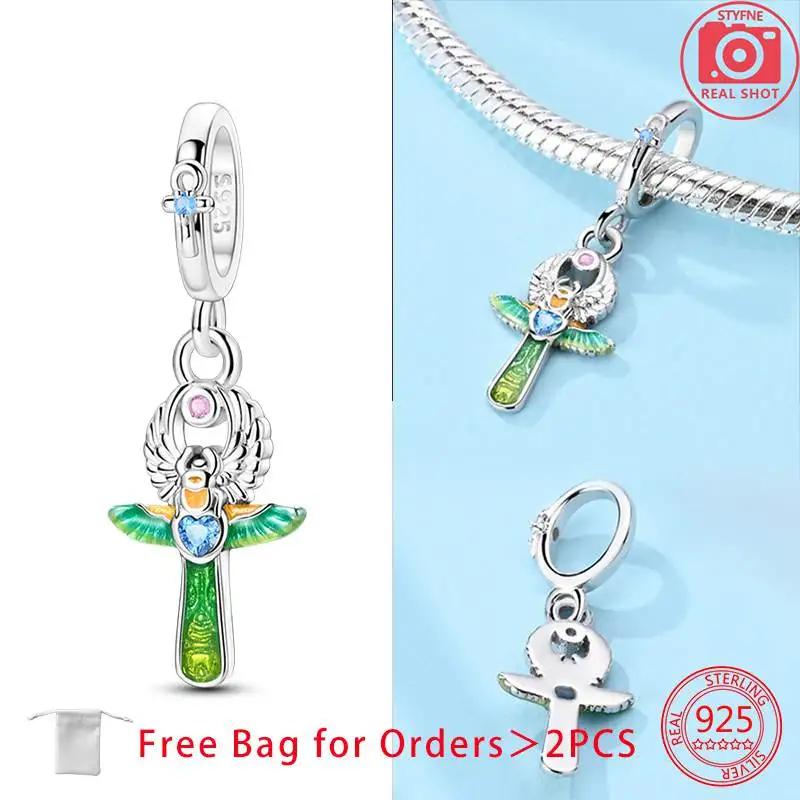 Authentic Pink Zircon Love Cross Wing Cross Retro Pattern Cross Charm Bead Charms Copper Bead Charms Pendant Compatible With Do It Yourself Bracelets