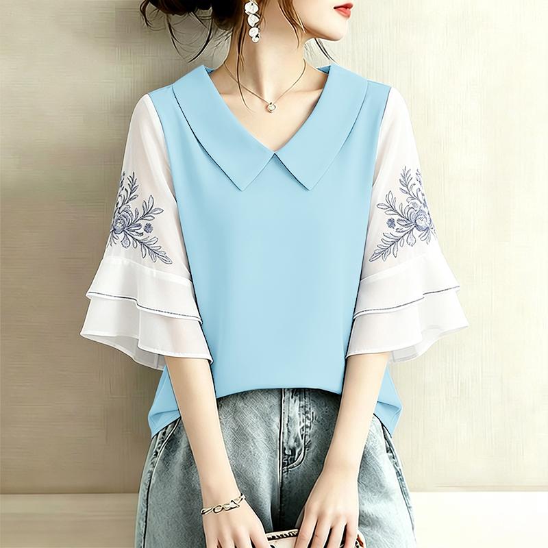 ZANZEA Women Casual Turn Down Collar Print Splice Half Sleeve Loose Blouse