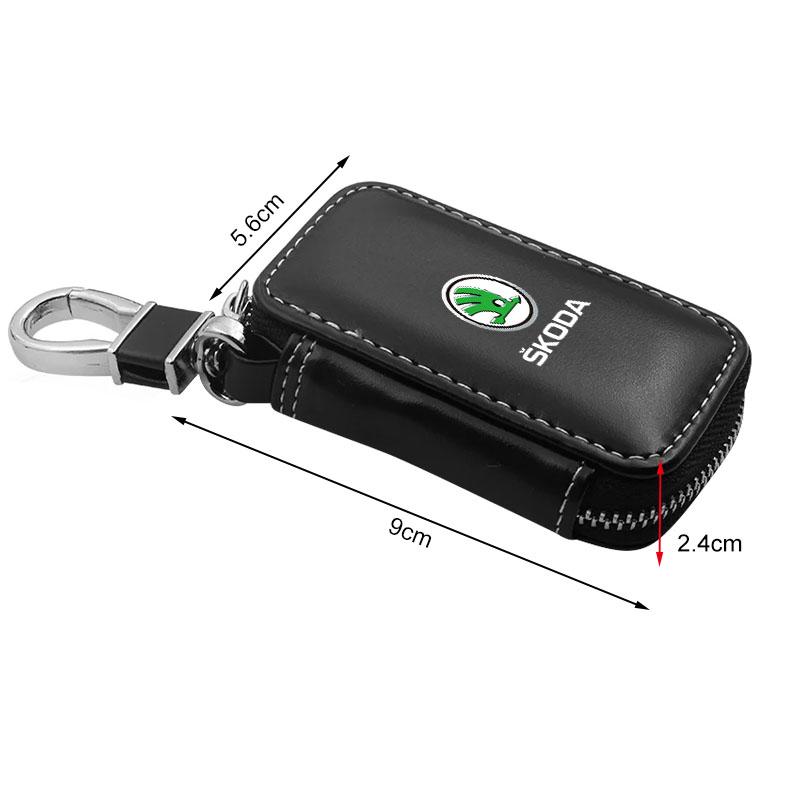 1Pcs Leather Emblem Car Key Case Keychain Zipper Key Case Bag For Skoda Octavia Superb Rapid Kodiaq Karoq Fabia Kamiq Roomster Citigo