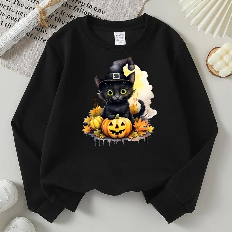 Sweatshirt à col rond pour enfants, Chat noir mignon, Sorcière, Citrouille, Imprimé Halloween