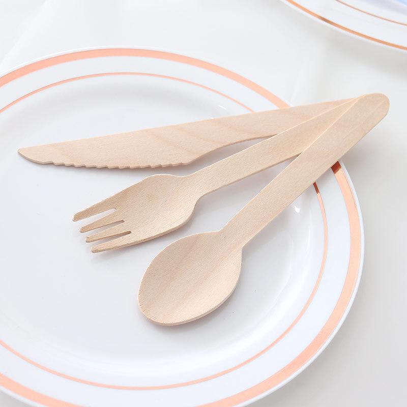 Einweg-Holzgeschirr-Set: Messer, Gabel, Löffel, Kuchenmesser, Dessertlöffel, Obstgabel