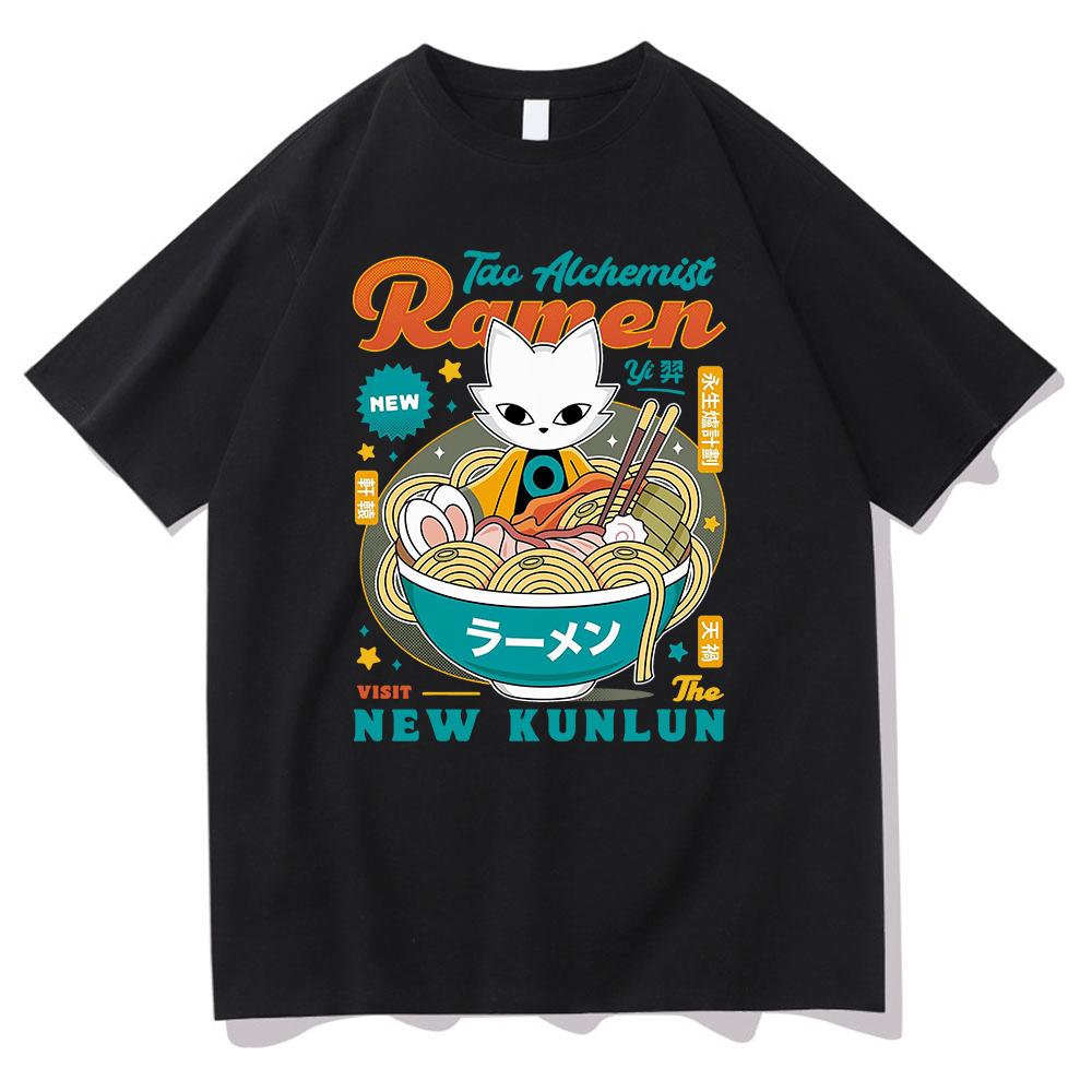 Nine Sols Yi Ramen T Shirt Fashion Men Aesthetic Funny Cute Cat Noodle T-Shirt Unisex High Quality Noodles Cotton Tees