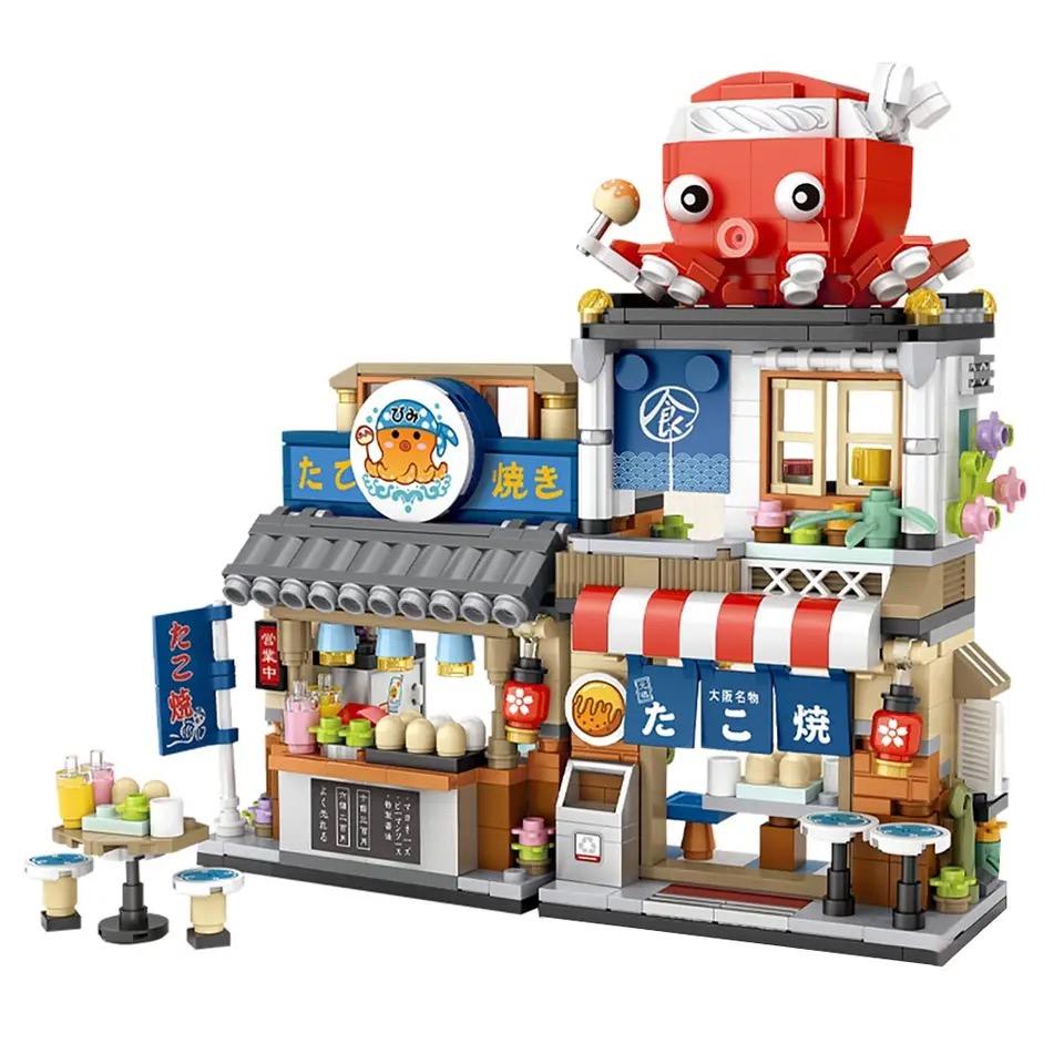 Non-Toxic Loz Japanese Mini Block Street View Folding Food Street Octopus Barbecue Ice Shop Assembly Building Block Toys Christmas Gift