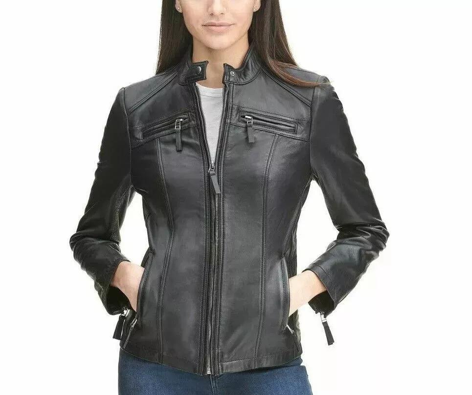Leder Handgemacht Damen Schwarz Jacke Echtes Lammleder Stilvoll Biker Motorrad