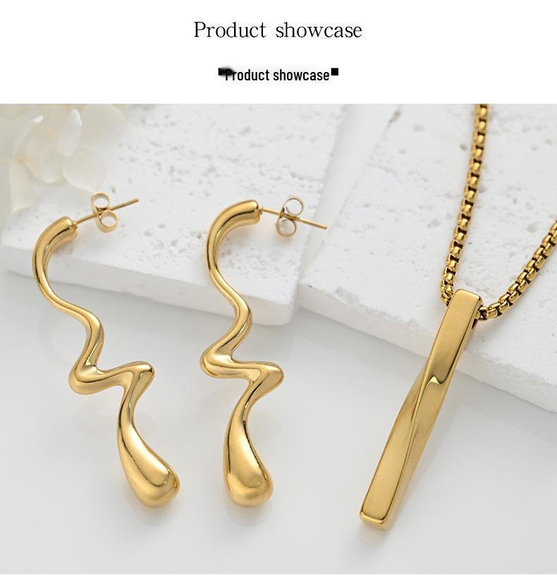 Stainless Steel Wave Necklace & Earring Set - Non-fading Clavicle Chain, Versatile European & American Style