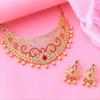 Estele Wedding Necklace Set with Gold Plated Zirconia, Red Crystals and Pearls for Women