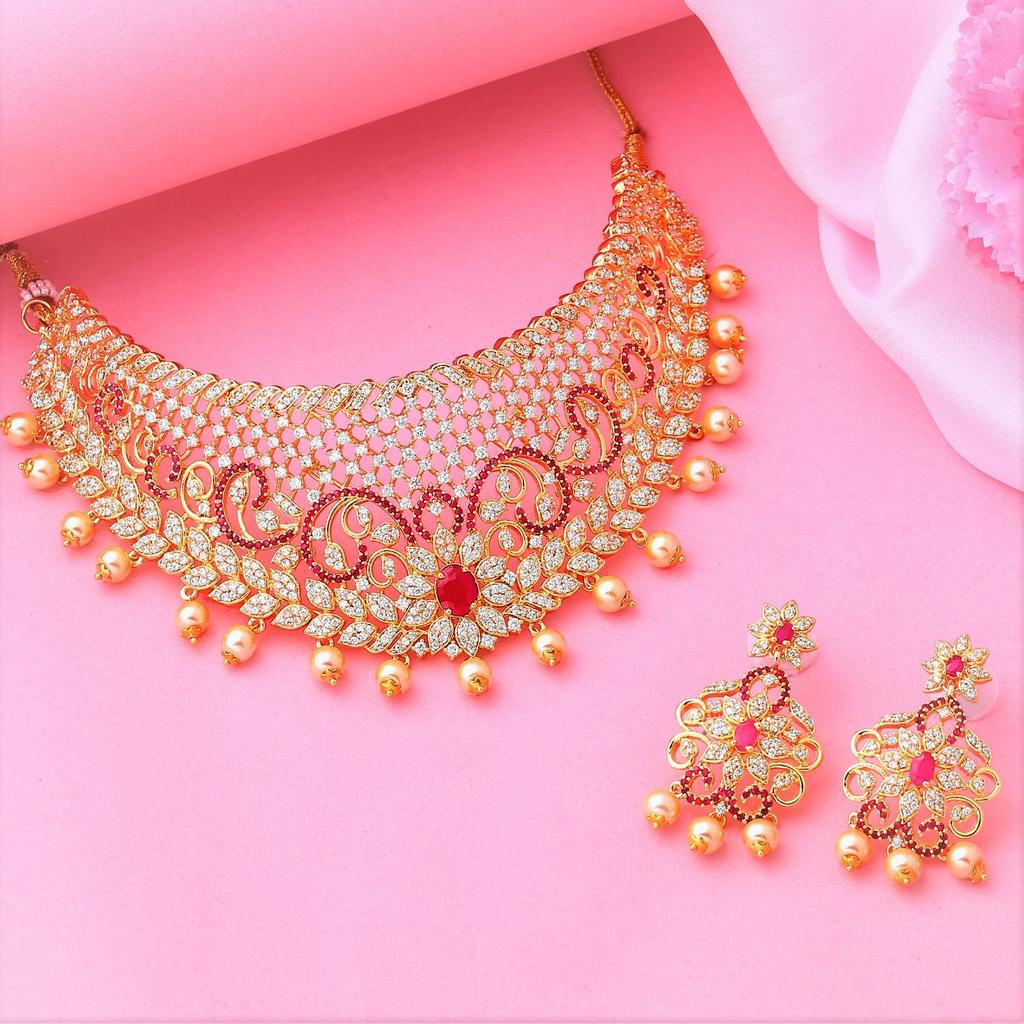 Estele Wedding Necklace Set with Gold Plated Zirconia, Red Crystals and Pearls for Women