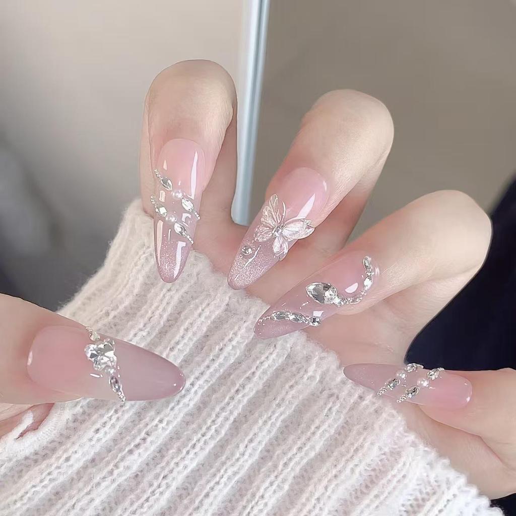 Ethereal 3D Butterfly & Snake Rhinestone Cat Eye Long Nude Nails