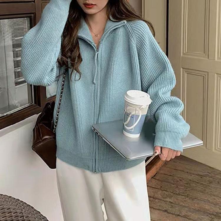 Spring Autumn Women Retro Lapel Double Zipper Thickened Loose Long Sleeve Knit Zip Up Sweater Cardigan Outerwear Jacket