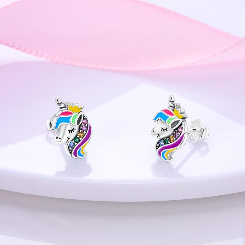 Cute Unicorn Stud Earrings Silver Plated for Little Girl Crystal Cat Mouse Elephant Heart Star Earring Gift Jewelry