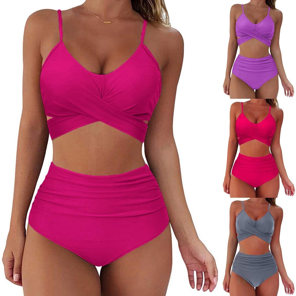 Women Sexy Soild Print Bikini Set Push Up Bathing Swimwear High Waist Swimsuit