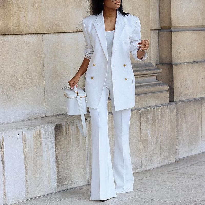 High Quality Women's Elegant Solid High Waist Trousers and Long Sleeve Office Blazer 2 Pcs Sets