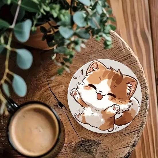 6Pcs Cute Wooden Cat Coaster, Cartoon Heat Insulation Mats for Table, Non Slip Drink Coasters for Coffee Cups