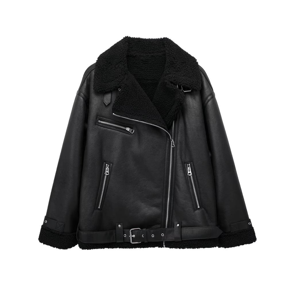 Autumn Winter Women's Faux Leather Double Faced Jacket Lapel Long Sleeves Faux Shearling Lining Thickened Warm Jacket Coat