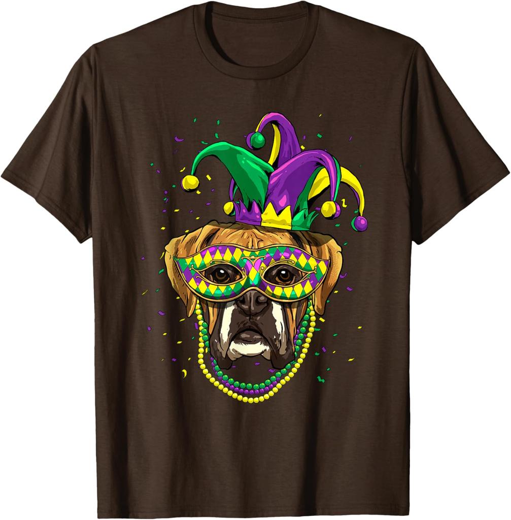 Chien Boxer Mardi Gras Masque Perles Impression Graphique Hommes Décontracté T-shirt en Coton