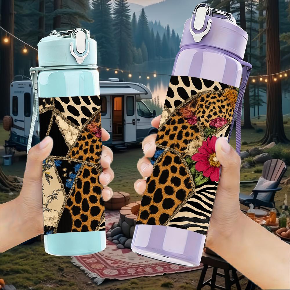 1PC Leopard Zebra Floral Texture 750ml Color Plastic Sports Water Bottle Leakproof Flip Straw Lid For Sports Office Home Use
