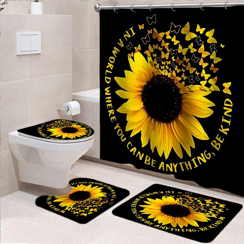 Sunflower Butterfly Waterproof Shower Curtain Bathroom Mats Set Toilet Lid Cover Rugs Anti Slip Carpets Shower Room Floor Mats