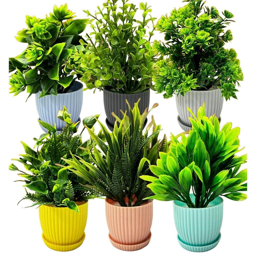 Plastic 6 Packs Fake Plants Small, Mini Artificial Plants Indoor For Home Farmhouse Bathroom Shelf Décor (Multi, Height : 17Cm)