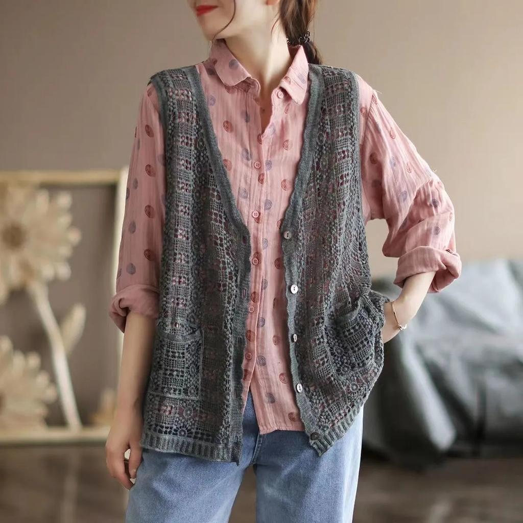 Sommer Spitzennähte Gehäkelte Hohle Baumwolle Einfarbig Ärmellose Strickjacke Übergröße