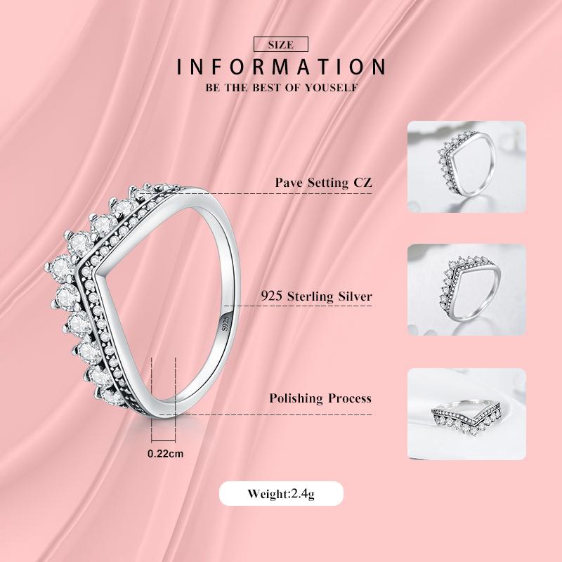 Modian 925 Sterling Zircon Crown Finger Ring Classic Stackable Silver Jewelry For Women Wedding Christmas Gift