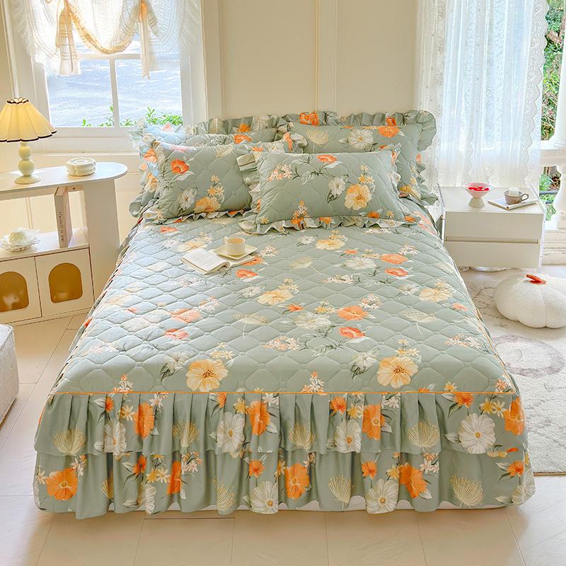 Korean-Style Quilted Lace Princess Bed Skirt – Thickened Silk Brushed Dustproof Bedspread