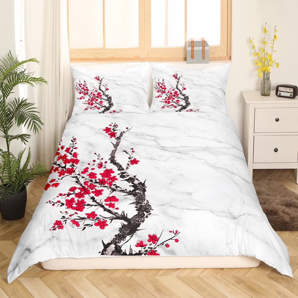 Japanese Duvet Cover Set Sakura Cherry Blossoms Spring Theme 3 Piece Bedding with Pillow Shams