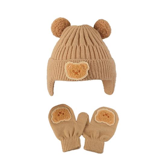 2Pcs/Set Children Hat Gloves Set Bear Ear Shape Ear Protection Solid Color Knitted Hat Elastic Warm Gloves Set Winter Headwear Set