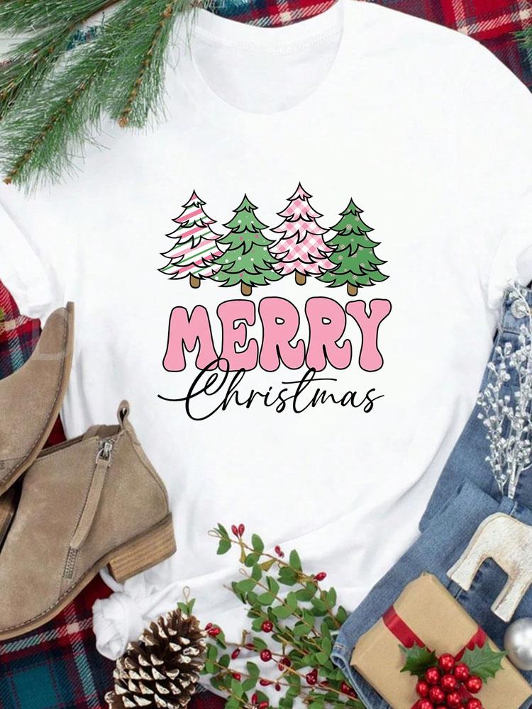 (Asian Size) Tee New Year Holiday Merry Christmas Top festival Casual letter truck printing Women Print Lady Short Sleeve Fashion Graphic T-shirts