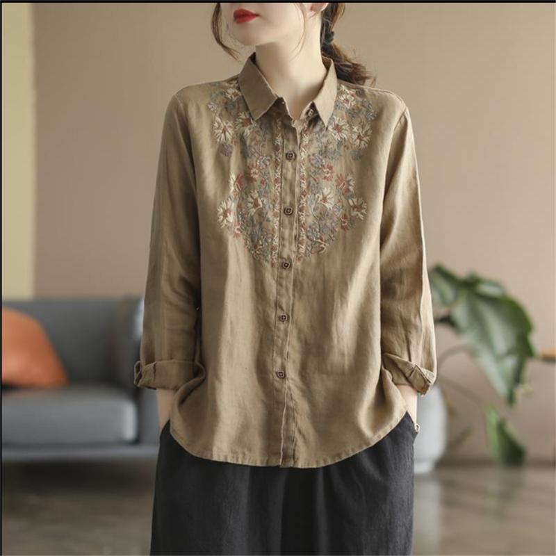 Retro Blouses For Women National Shirt Cotton Linen Shirt Loose Embroidered Blous Laple Long Sleeve Cardigan Female Shirts