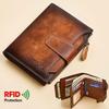 Men's Genuine Leather Wallet Vintage Short Multi Function Card Slots RFID Blocking Protection Zipper Coin Pocket Money Bags