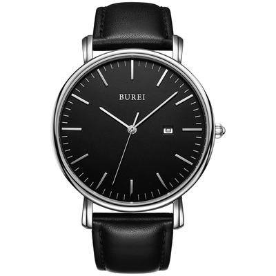Watch Black Leather Popular Brand Analog Simple Waterproof Watch Silver Shell Watch [BUREI] Men's Men's [Item]