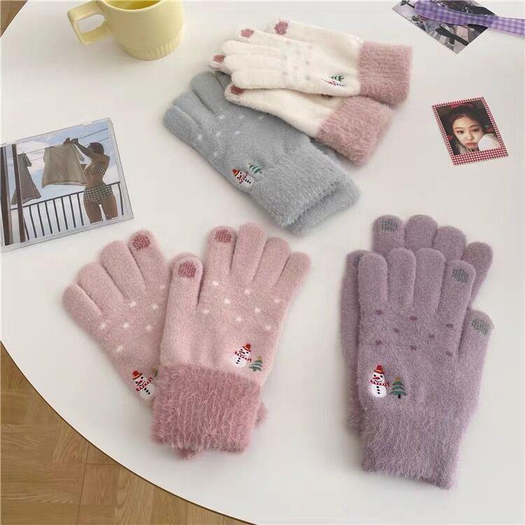 Sweet Korean Gloves for Women In Winter Cute Christmas Snowman Plush Knitted Wool Student In Winter Warmth