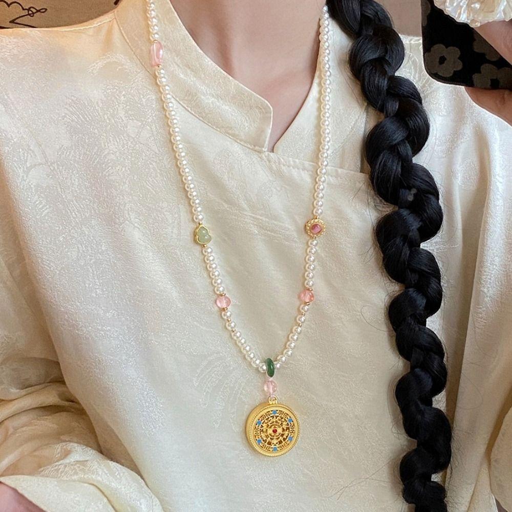 Exquisite New Chinese Pearl Nceklace Zinc Zinc Alloy Pendant Vintage Sweater Chain Hanfu
