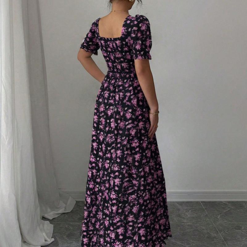 Ruffle Edge Dress Women Puff Sleeves Printed Slim Fit Spring Summer Size S-XXL